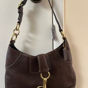 Coach Dark Brown Leather Shoulder Bag with Gold Accents